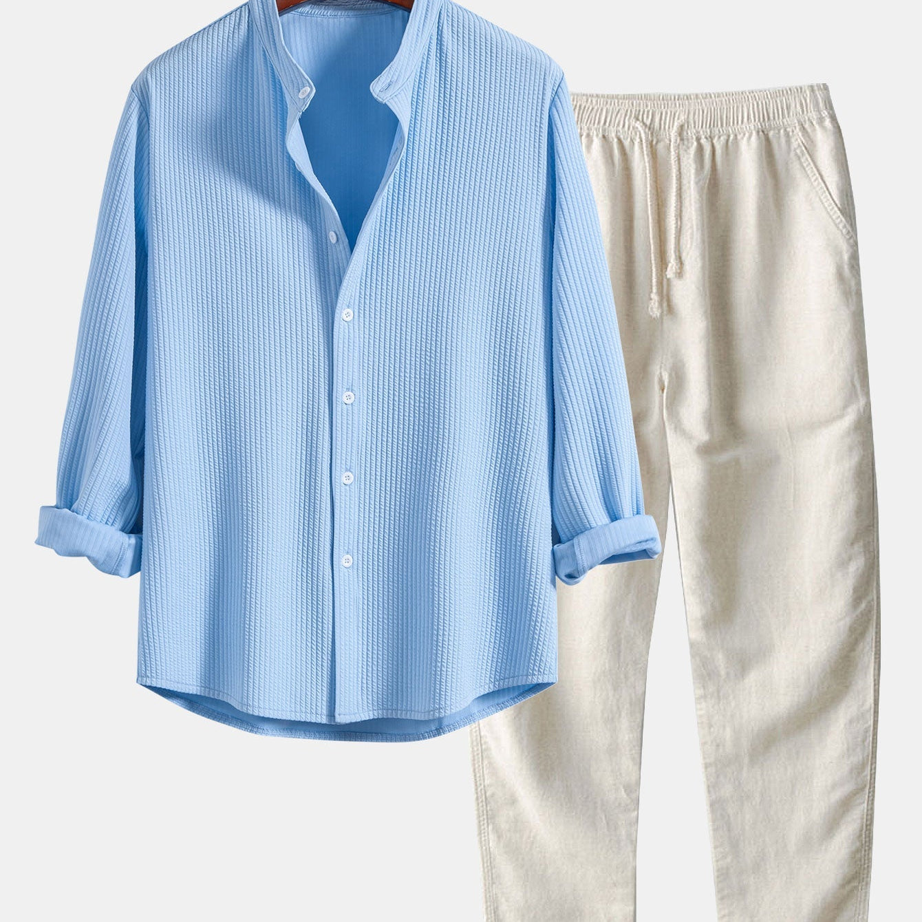 Ribbed Stand Collar Long Sleeve Muscle Fit Shirt with Straight Leg Linen Trousers