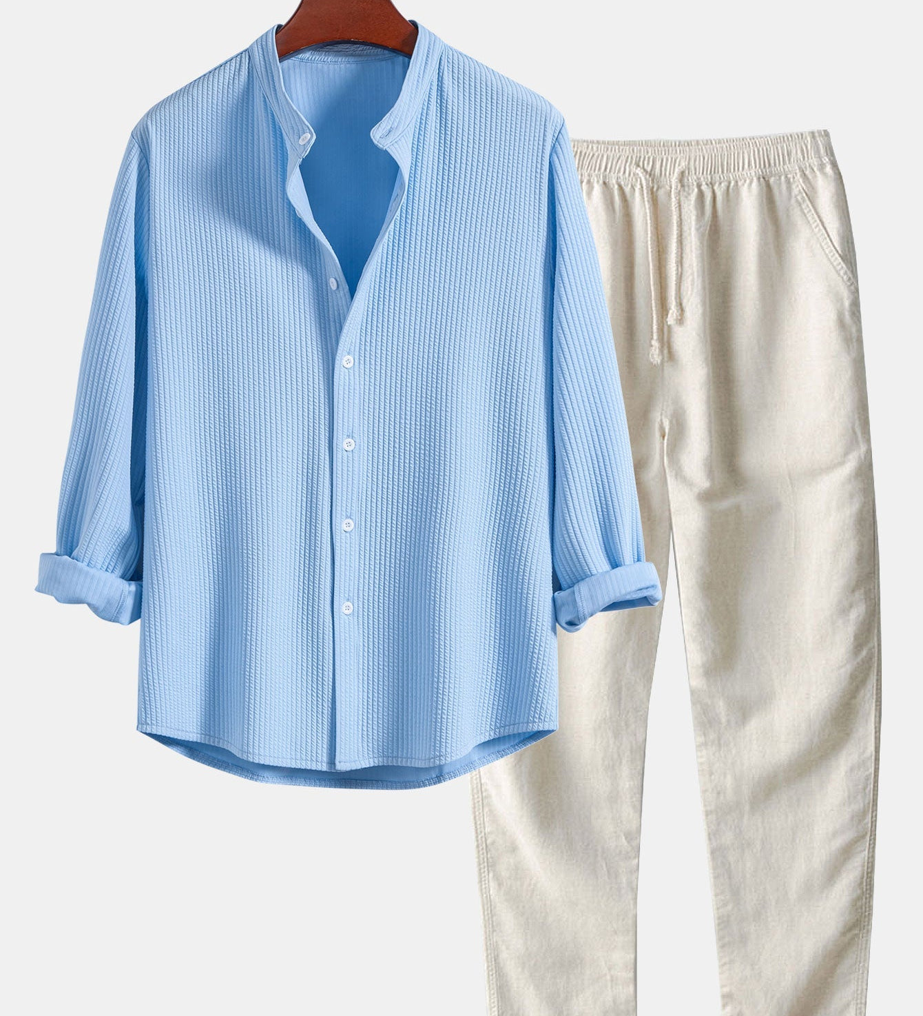 Ribbed Stand Collar Long Sleeve Muscle Fit Shirt with Straight Leg Linen Trousers