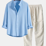 Ribbed Stand Collar Long Sleeve Muscle Fit Shirt with Straight Leg Linen Trousers