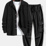 Long Sleeve Corduroy Cuban Collar Shirt with Drawstring Cargo Jogger Pants
