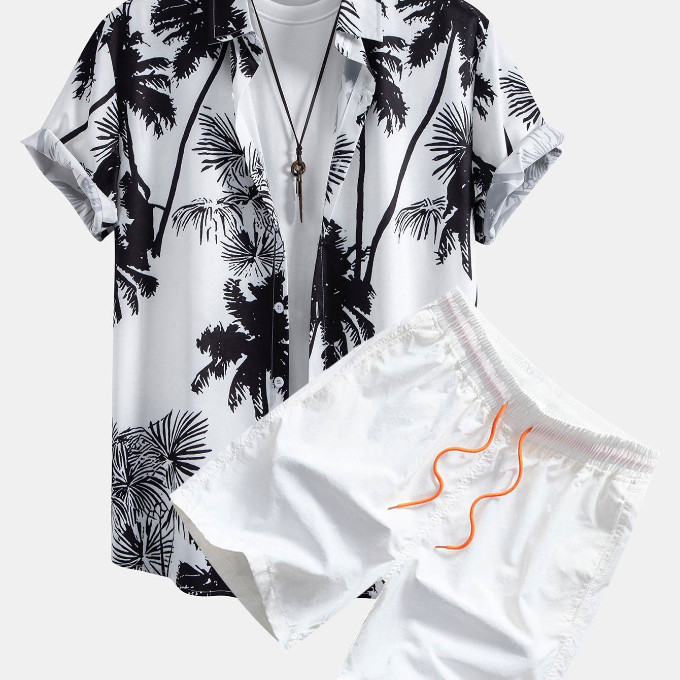Palm Tree Print Button-Up Shirt & Men's Mid-Length Drawstring Swim Shorts