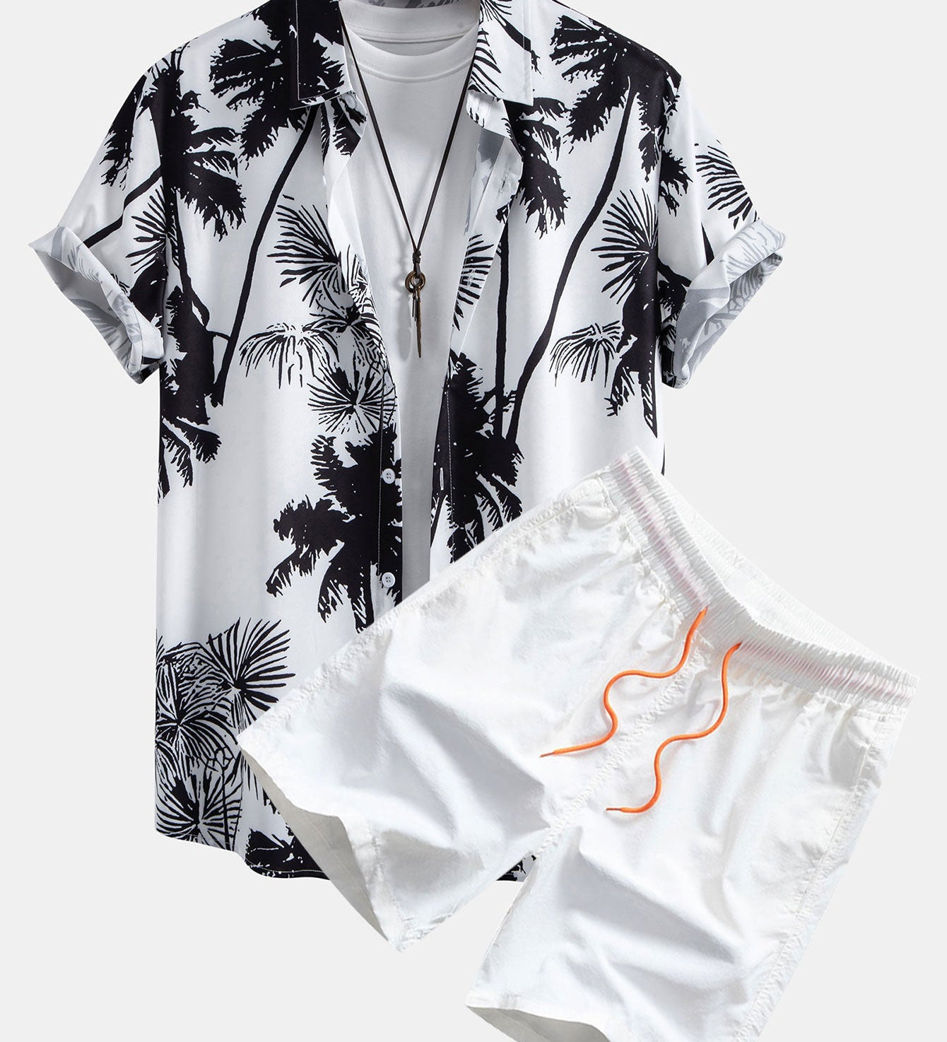 Palm Tree Print Button-Up Shirt & Men's Mid-Length Drawstring Swim Shorts