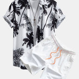 Palm Tree Print Button-Up Shirt & Men's Mid-Length Drawstring Swim Shorts