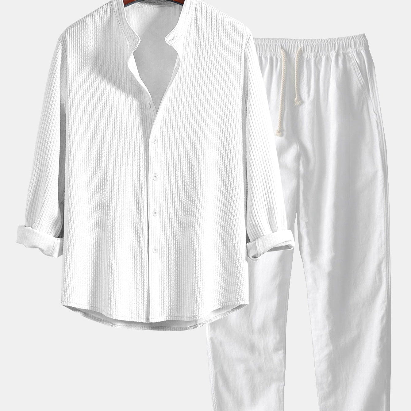 Ribbed Stand Collar Long Sleeve Muscle Fit Shirt with Straight Leg Linen Trousers