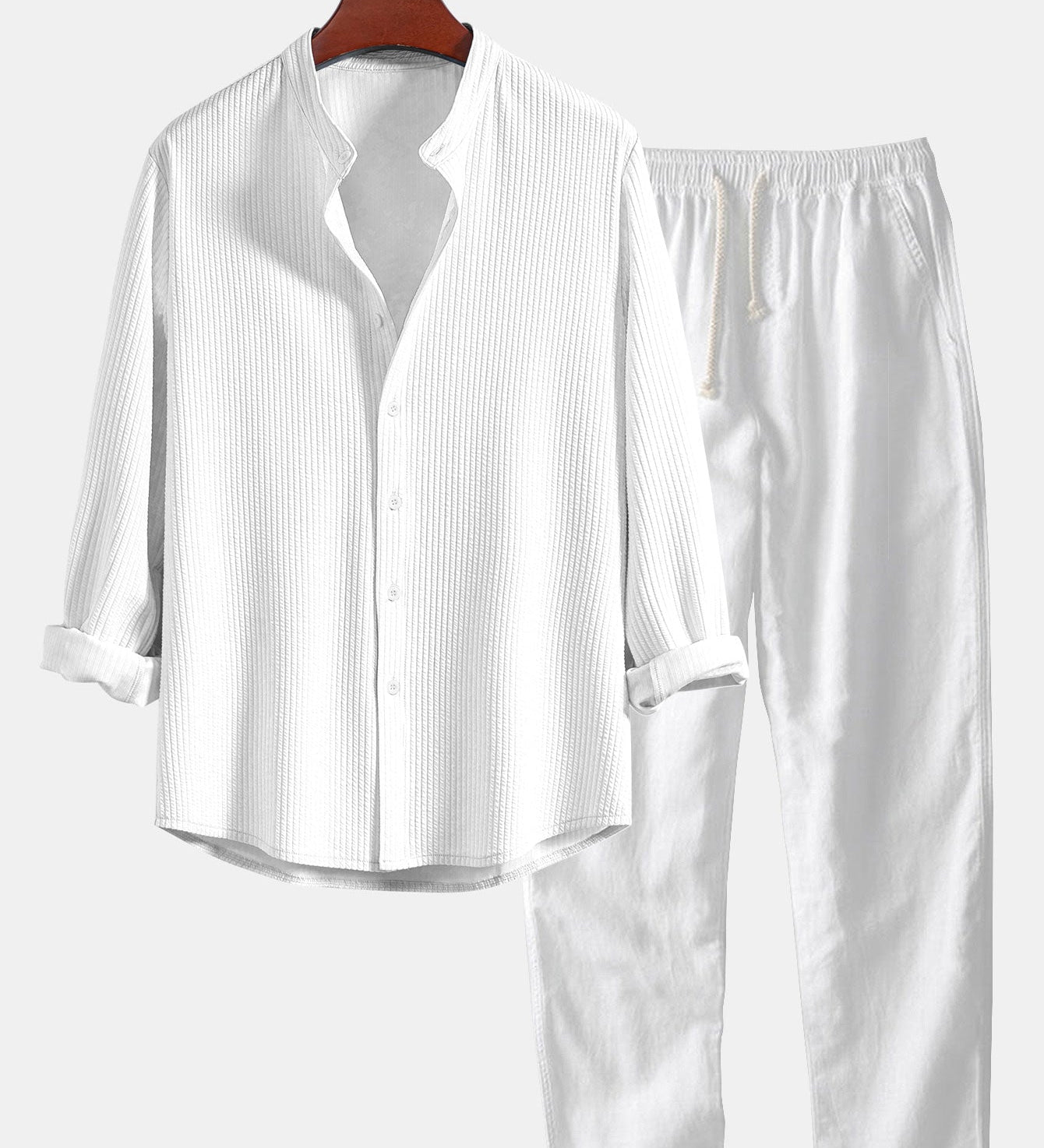 Ribbed Stand Collar Long Sleeve Muscle Fit Shirt with Straight Leg Linen Trousers