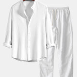 Ribbed Stand Collar Long Sleeve Muscle Fit Shirt with Straight Leg Linen Trousers