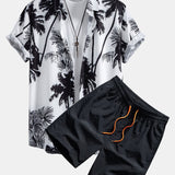 Palm Tree Print Button-Up Shirt & Men's Mid-Length Drawstring Swim Shorts