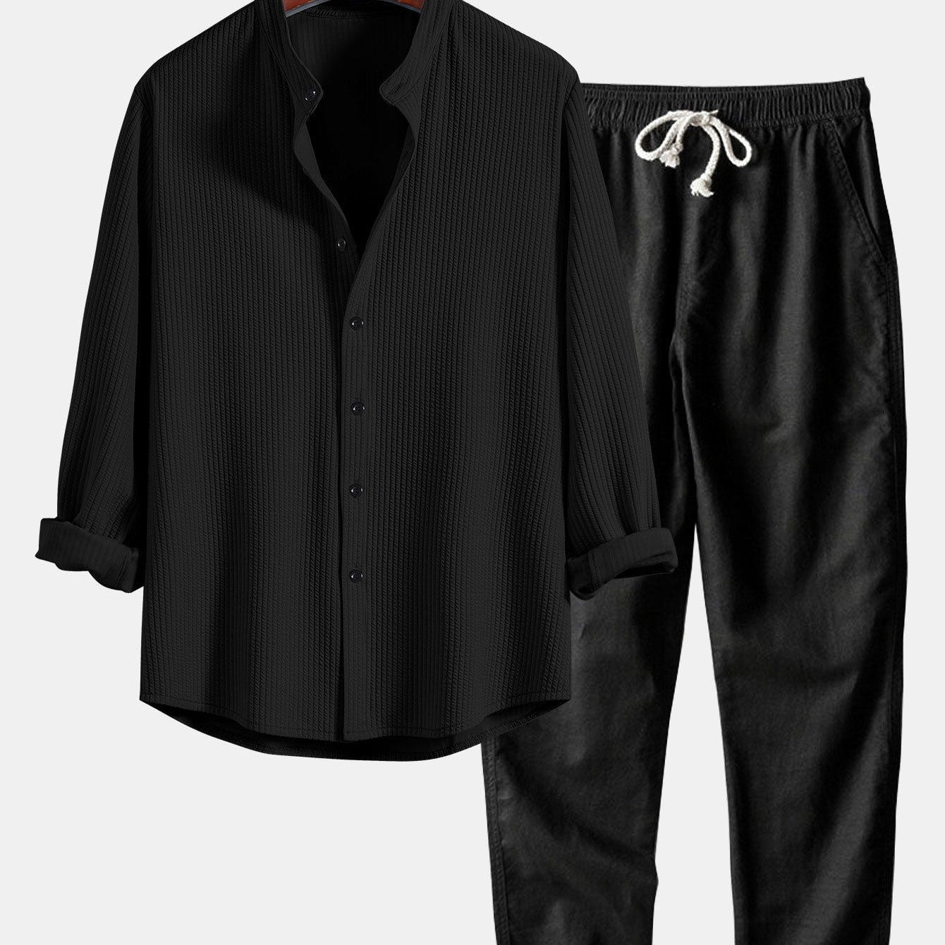 Ribbed Stand Collar Long Sleeve Muscle Fit Shirt with Straight Leg Linen Trousers
