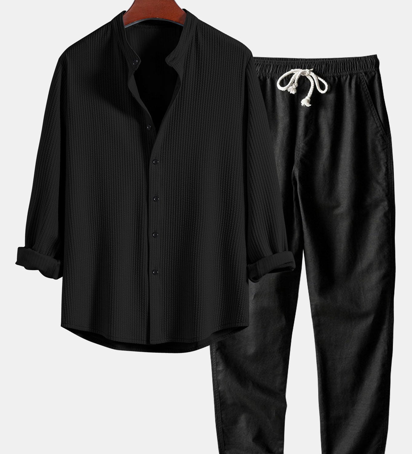 Ribbed Stand Collar Long Sleeve Muscle Fit Shirt with Straight Leg Linen Trousers