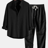 Ribbed Stand Collar Long Sleeve Muscle Fit Shirt with Straight Leg Linen Trousers