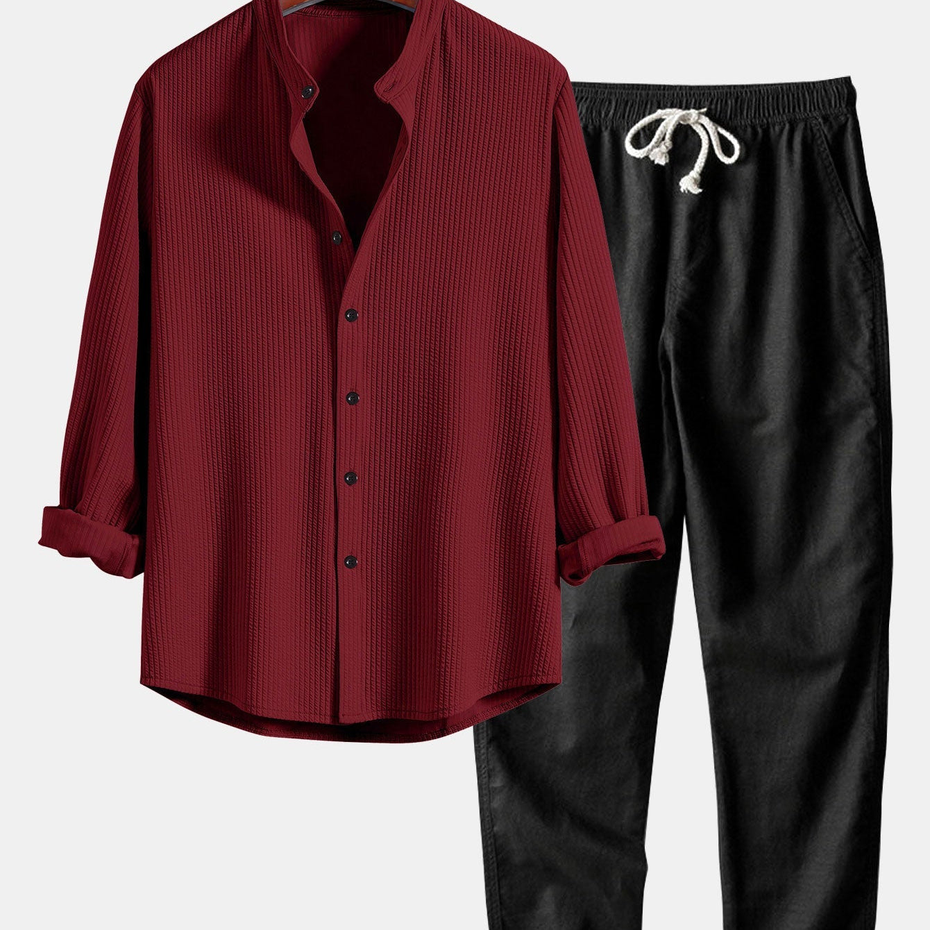 Ribbed Stand Collar Long Sleeve Muscle Fit Shirt with Straight Leg Linen Trousers