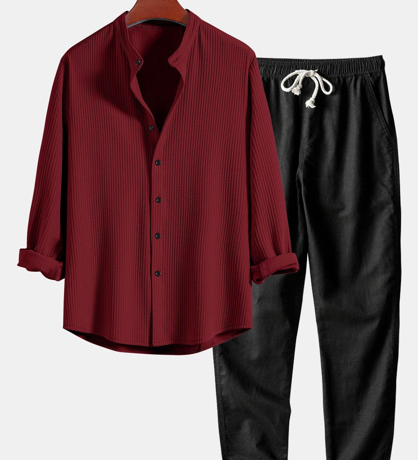 Ribbed Stand Collar Long Sleeve Muscle Fit Shirt with Straight Leg Linen Trousers