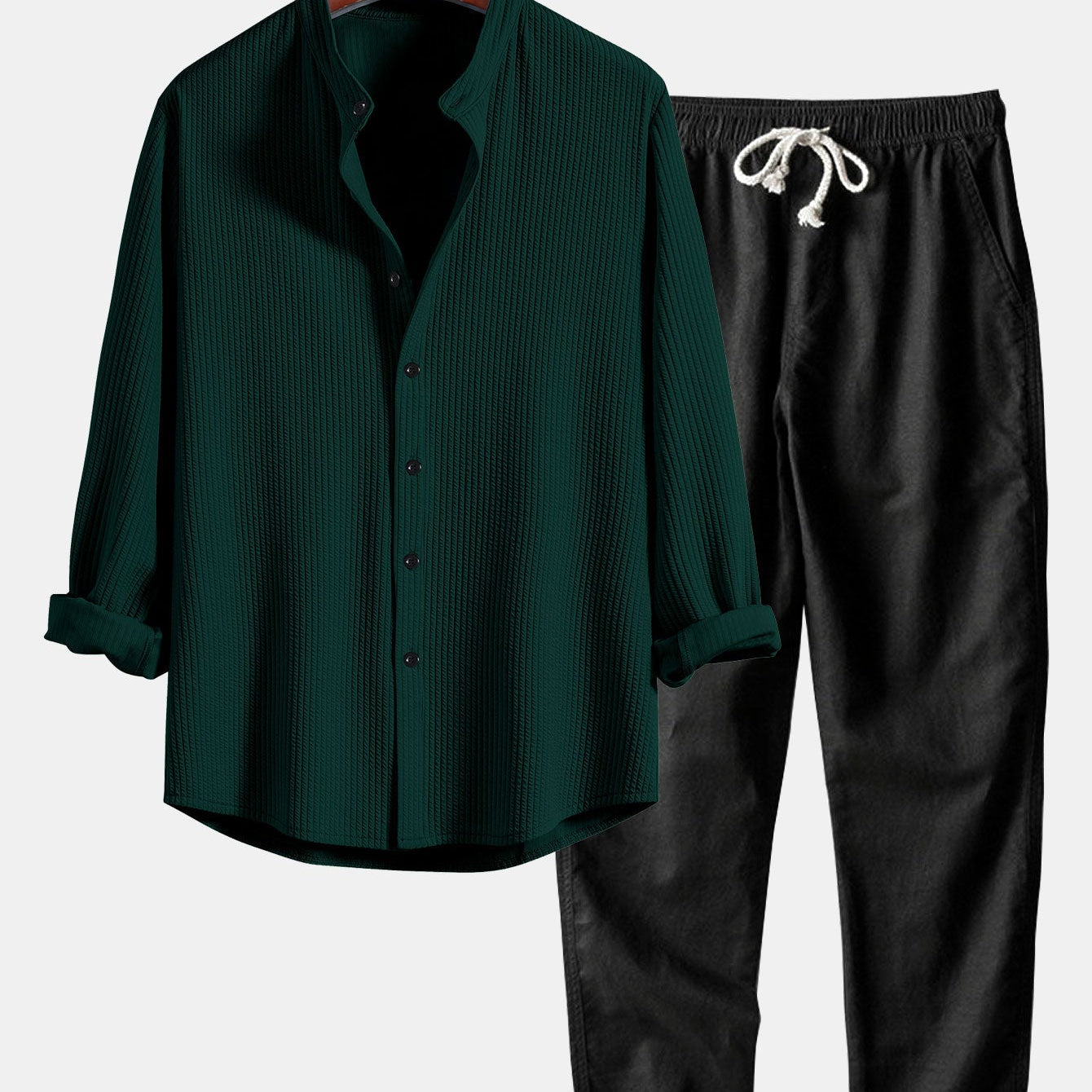Ribbed Stand Collar Long Sleeve Muscle Fit Shirt with Straight Leg Linen Trousers