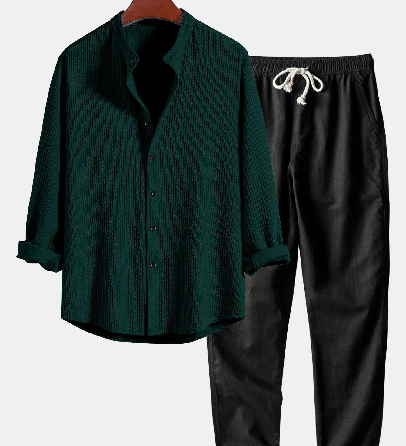 Ribbed Stand Collar Long Sleeve Muscle Fit Shirt with Straight Leg Linen Trousers
