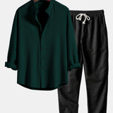 Ribbed Stand Collar Long Sleeve Muscle Fit Shirt with Straight Leg Linen Trousers