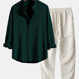 Ribbed Stand Collar Long Sleeve Muscle Fit Shirt with Straight Leg Linen Trousers