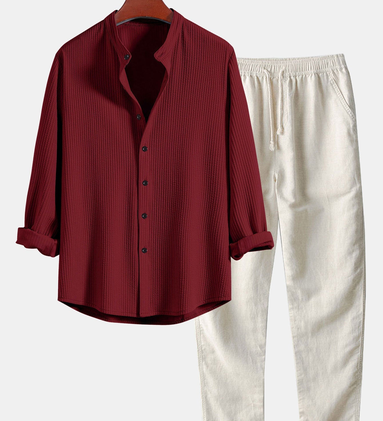 Ribbed Stand Collar Long Sleeve Muscle Fit Shirt with Straight Leg Linen Trousers