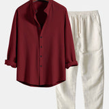 Ribbed Stand Collar Long Sleeve Muscle Fit Shirt with Straight Leg Linen Trousers