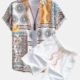 Scarf Print Button-Up Shirt with Matching Swim Shorts