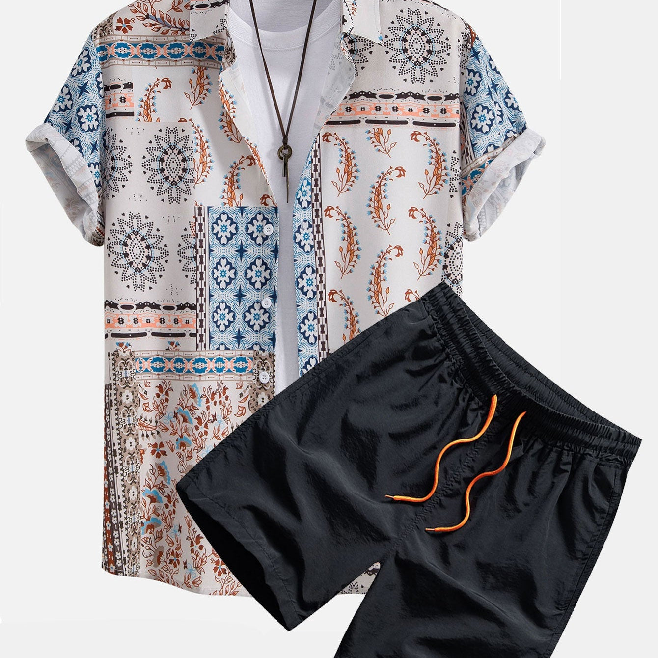 Scarf Print Button-Up Shirt with Matching Swim Shorts