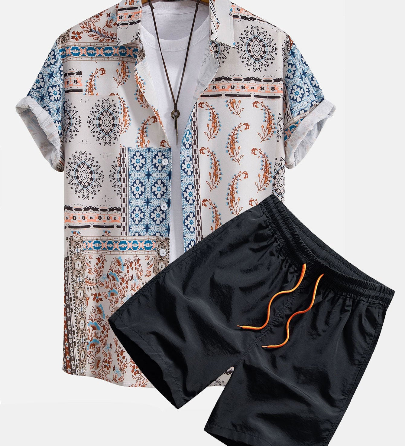 Scarf Print Button-Up Shirt with Matching Swim Shorts