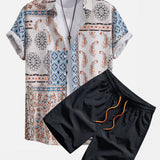 Scarf Print Button-Up Shirt with Matching Swim Shorts