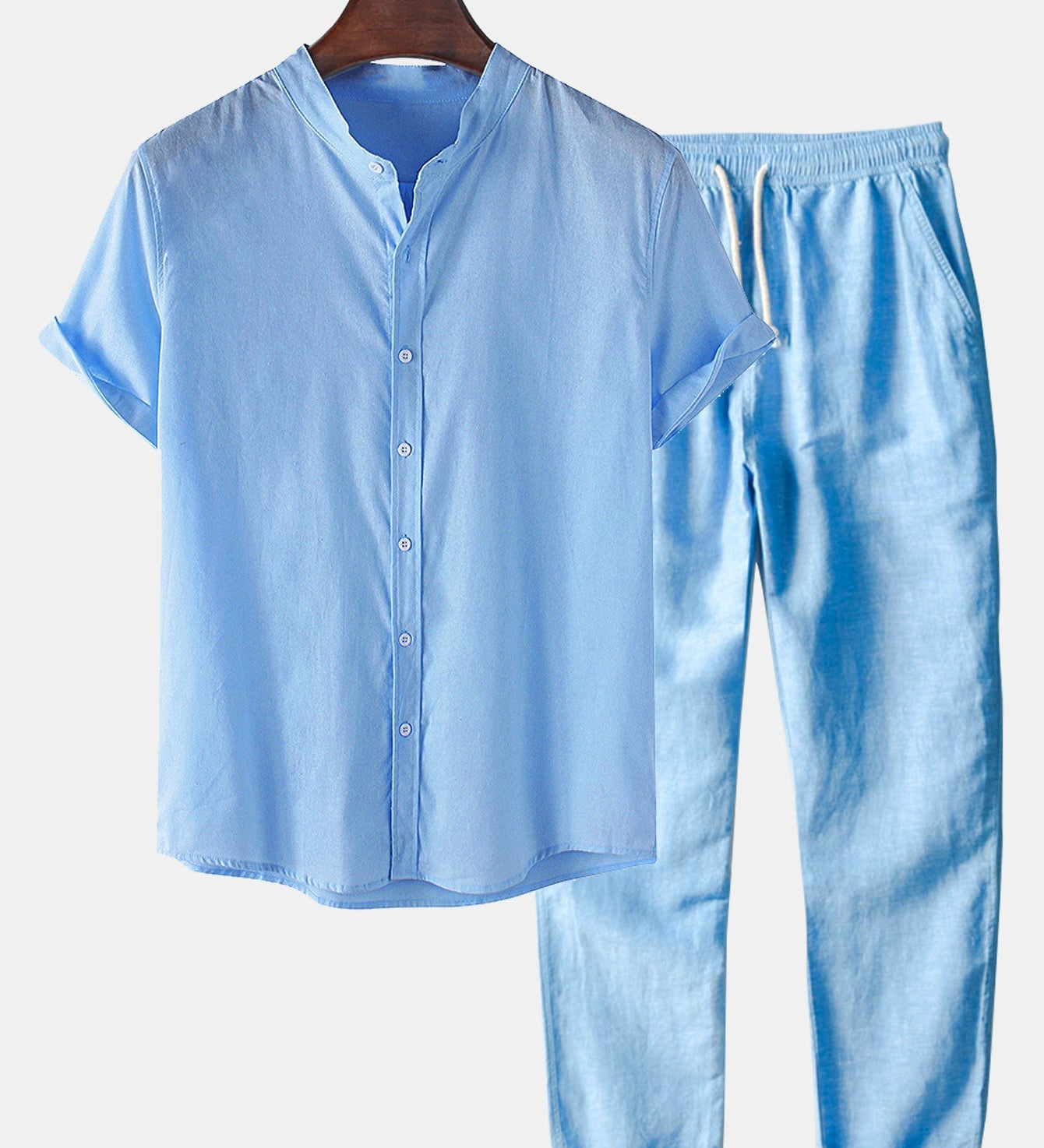 Short Sleeve Linen-Style Basic Shirts & Straight Leg Linen Trousers