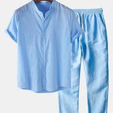Short Sleeve Linen-Style Basic Shirts & Straight Leg Linen Trousers