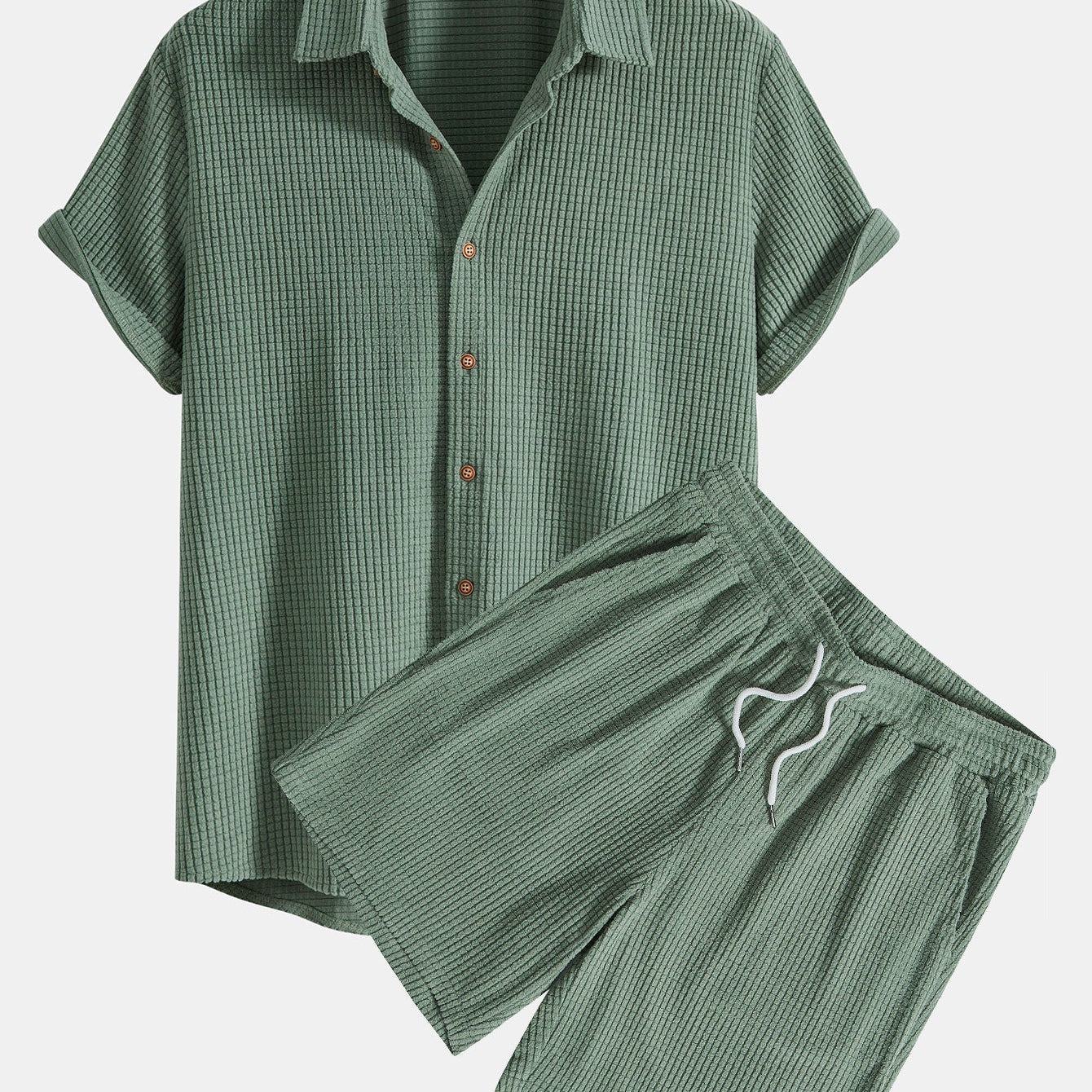 Waffle Knit Button-Up Shirt and Shorts Set