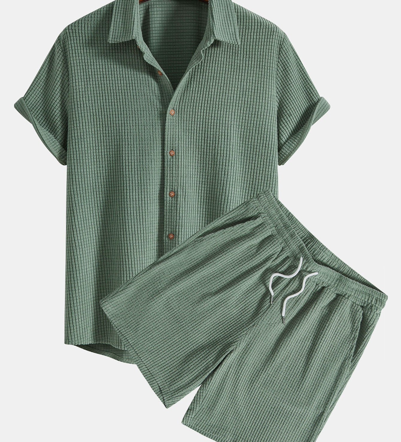 Waffle Knit Button-Up Shirt and Shorts Set