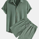 Waffle Knit Button-Up Shirt and Shorts Set