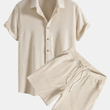 Waffle Knit Button-Up Shirt and Shorts Set
