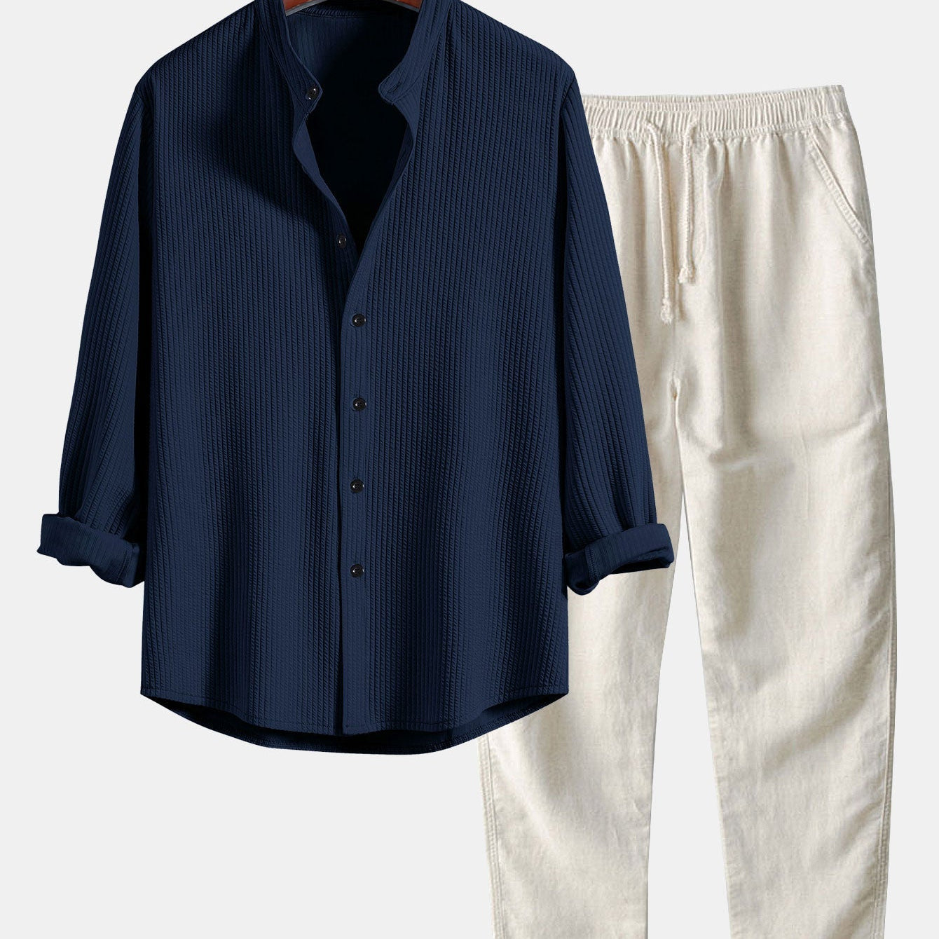 Ribbed Stand Collar Long Sleeve Muscle Fit Shirt with Straight Leg Linen Trousers