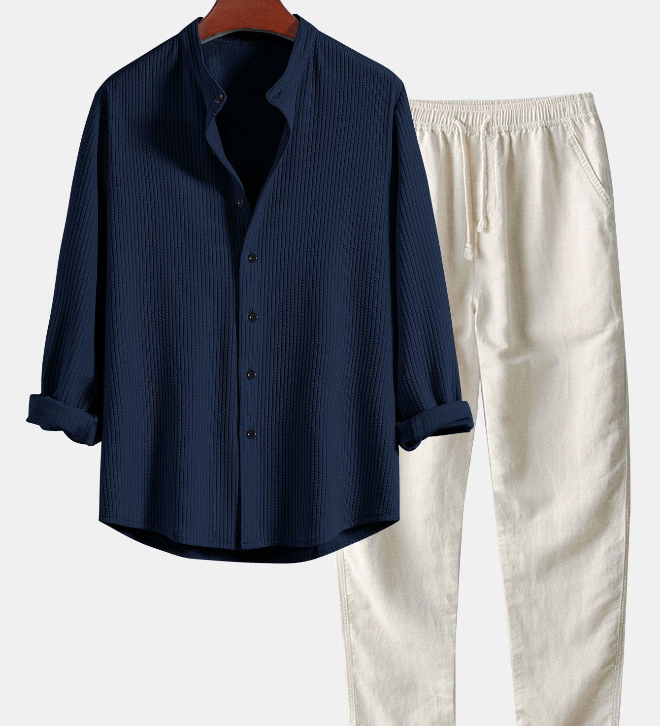 Ribbed Stand Collar Long Sleeve Muscle Fit Shirt with Straight Leg Linen Trousers