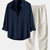 Ribbed Stand Collar Long Sleeve Muscle Fit Shirt with Straight Leg Linen Trousers