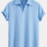 V-Neck Ribbed Polo with Short Sleeves & Straight Leg Ribbed Trousers