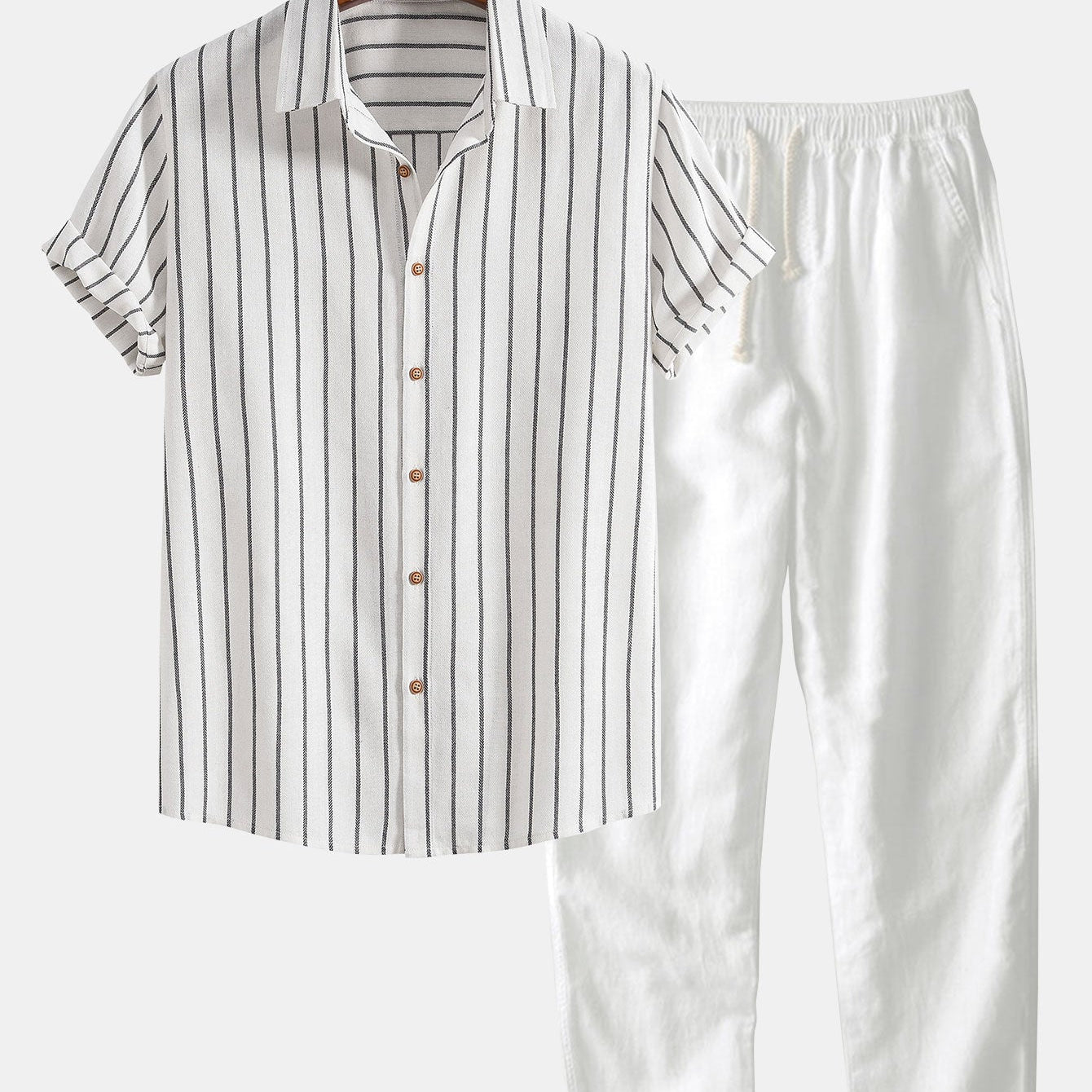 Striped Button-Up Shirt in Cotton Blend & Straight-Leg Linen Trousers