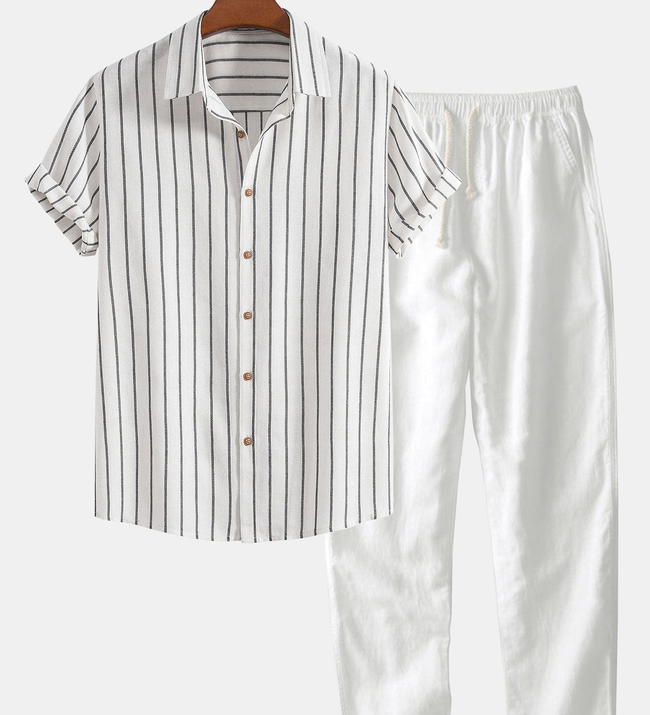 Striped Button-Up Shirt in Cotton Blend & Straight-Leg Linen Trousers