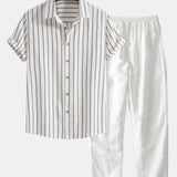 Striped Button-Up Shirt in Cotton Blend & Straight-Leg Linen Trousers