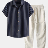 Striped Button-Up Shirt in Cotton Blend & Straight-Leg Linen Trousers