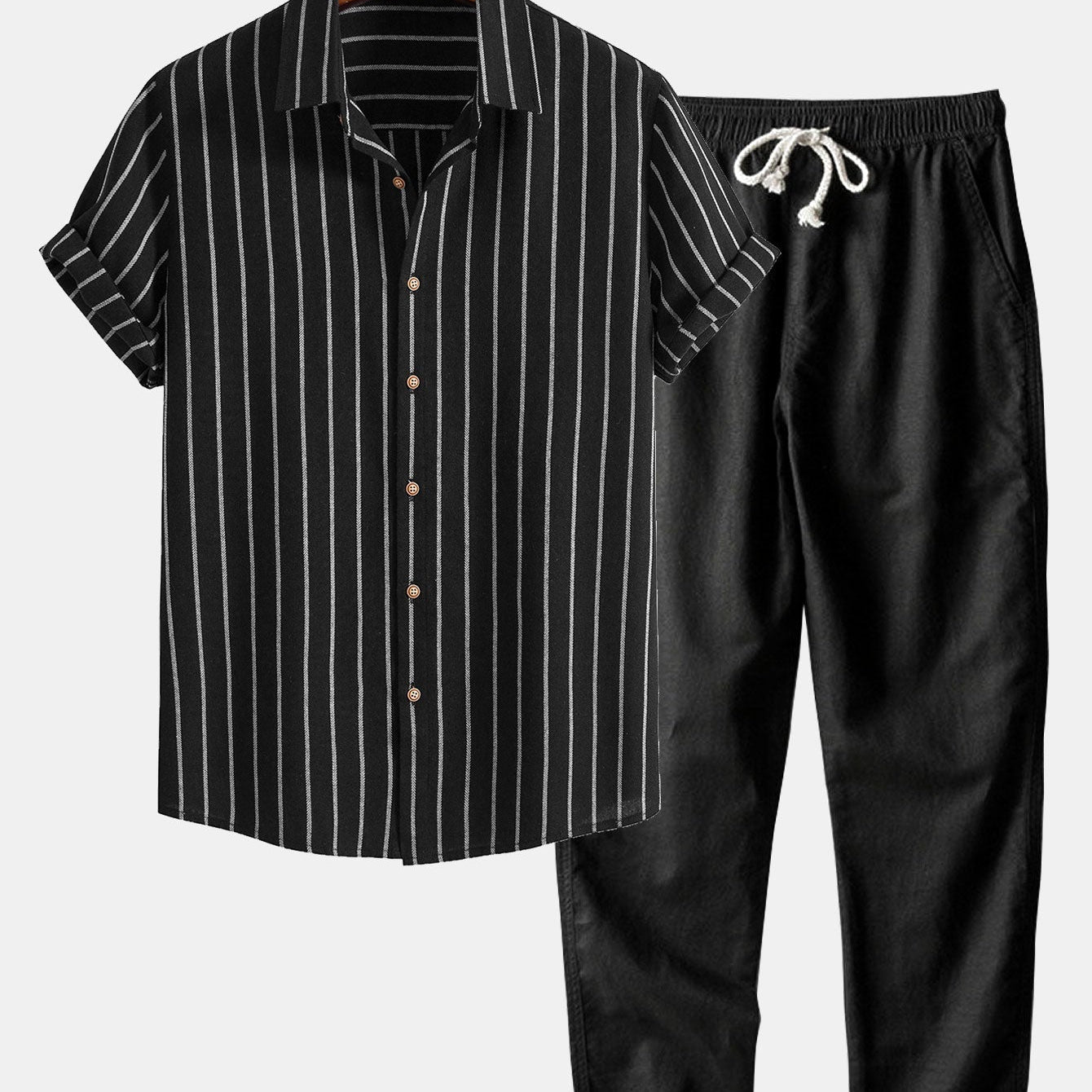 Striped Button-Up Shirt in Cotton Blend & Straight-Leg Linen Trousers