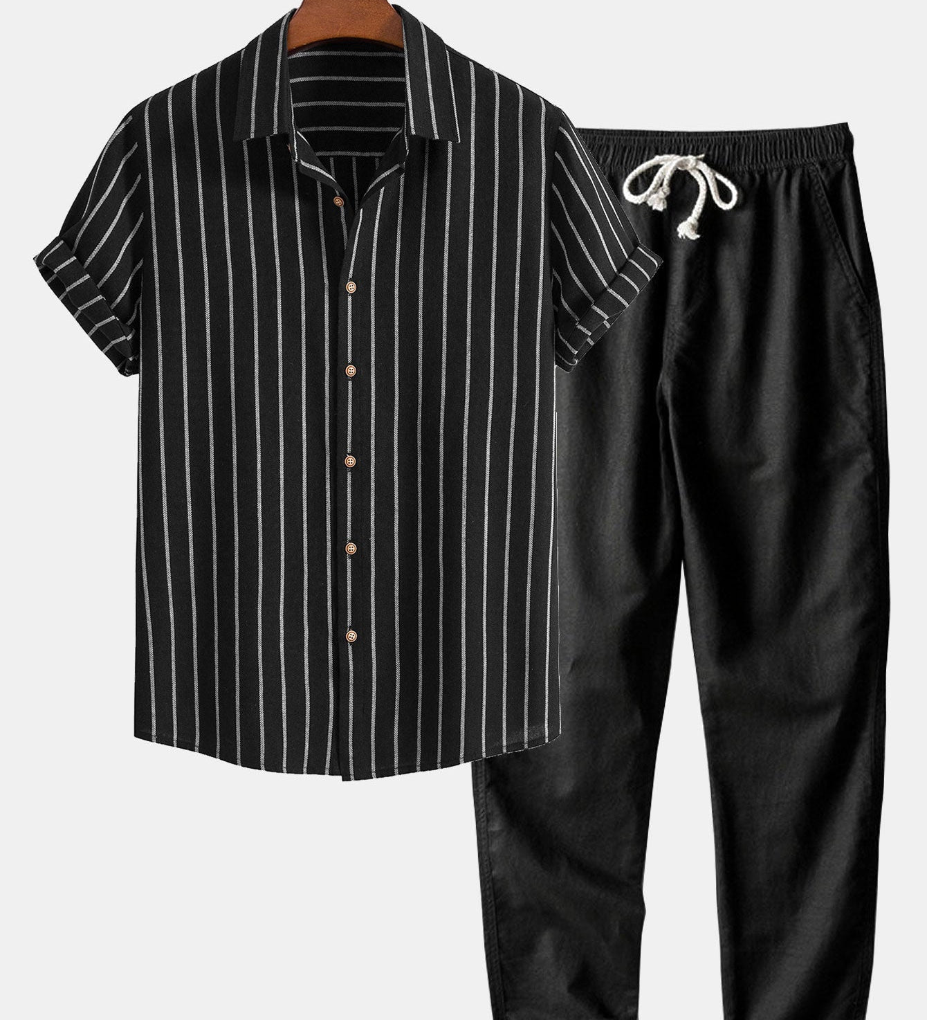 Striped Button-Up Shirt in Cotton Blend & Straight-Leg Linen Trousers