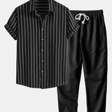 Striped Button-Up Shirt in Cotton Blend & Straight-Leg Linen Trousers
