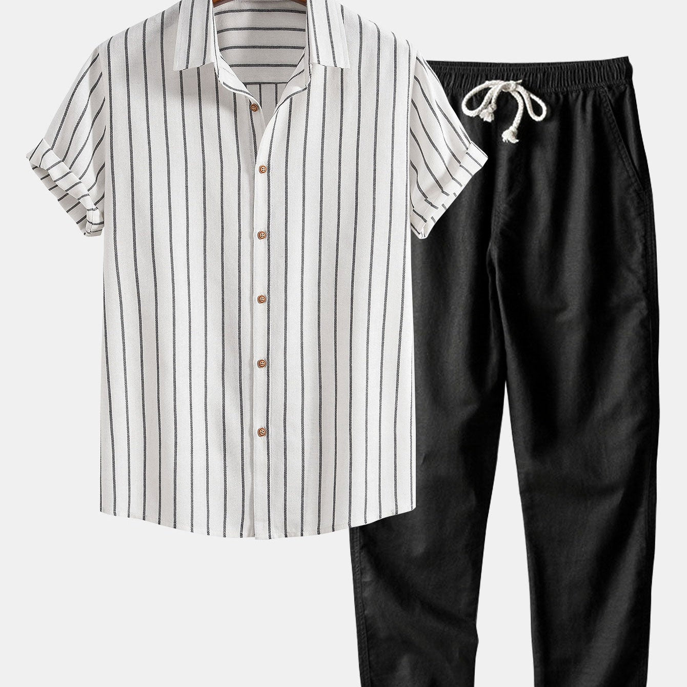 Striped Button-Up Shirt in Cotton Blend & Straight-Leg Linen Trousers