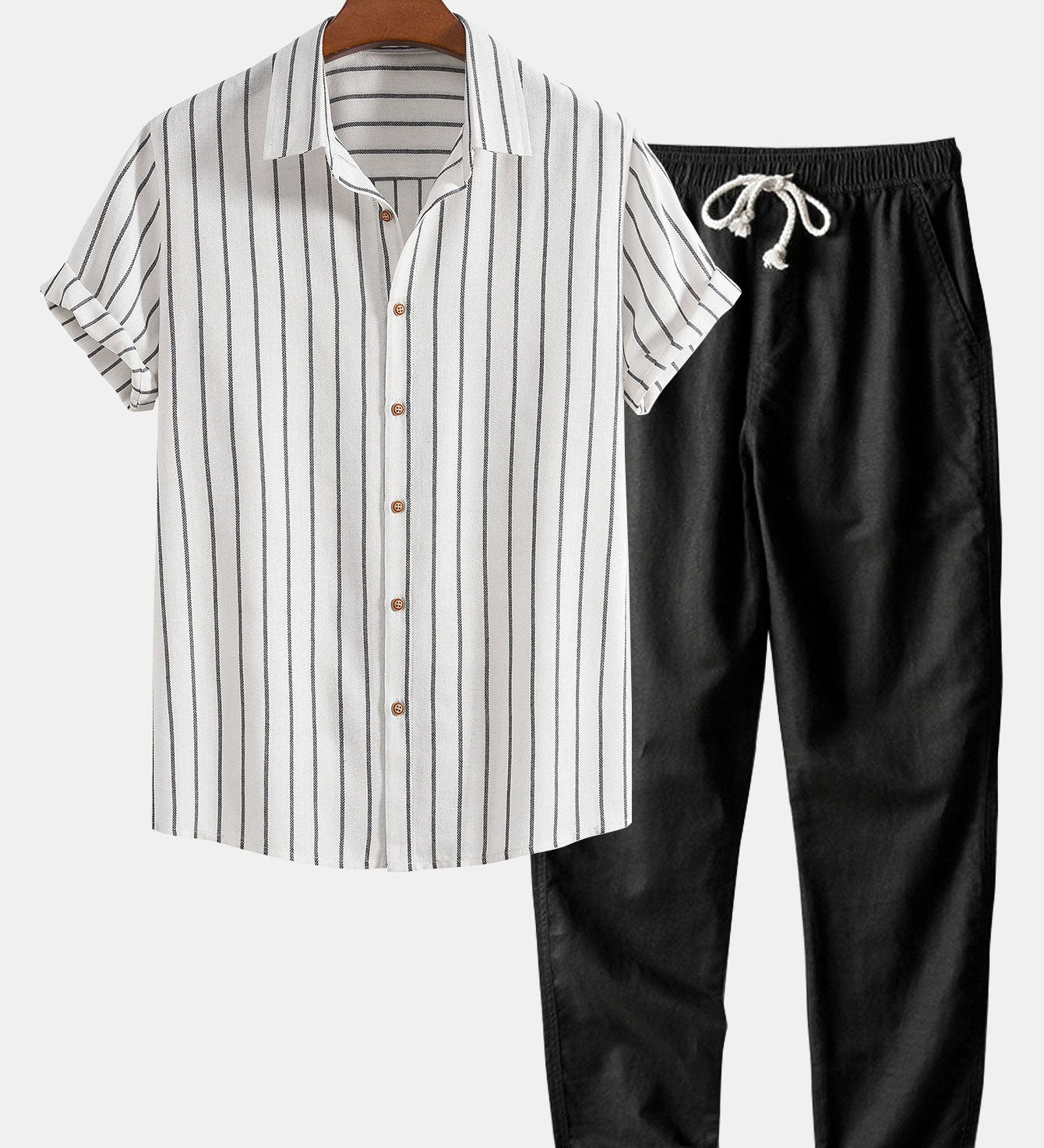 Striped Button-Up Shirt in Cotton Blend & Straight-Leg Linen Trousers