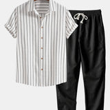 Striped Button-Up Shirt in Cotton Blend & Straight-Leg Linen Trousers