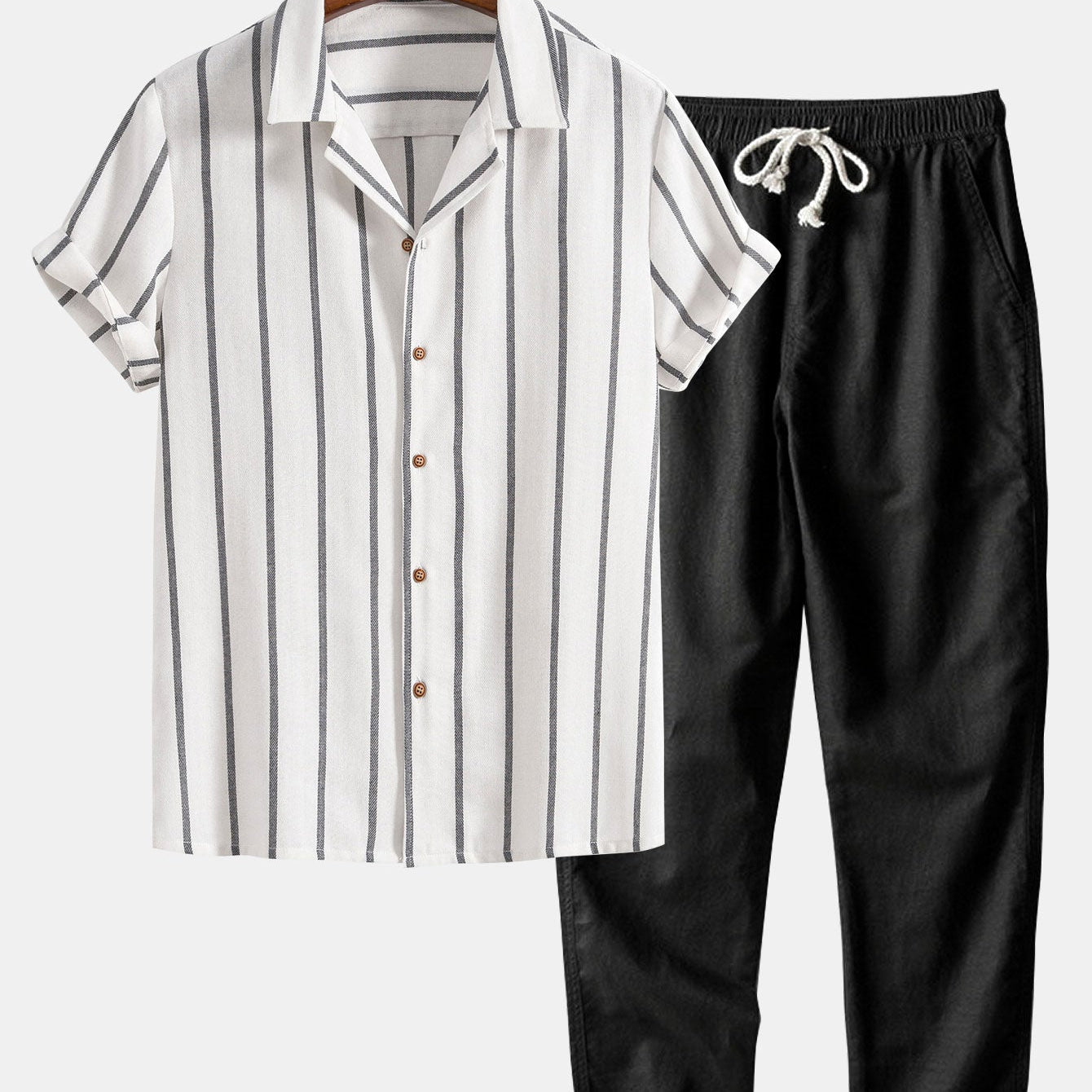 Cotton Blend Striped Cuban Shirt with Straight Leg Linen Trousers