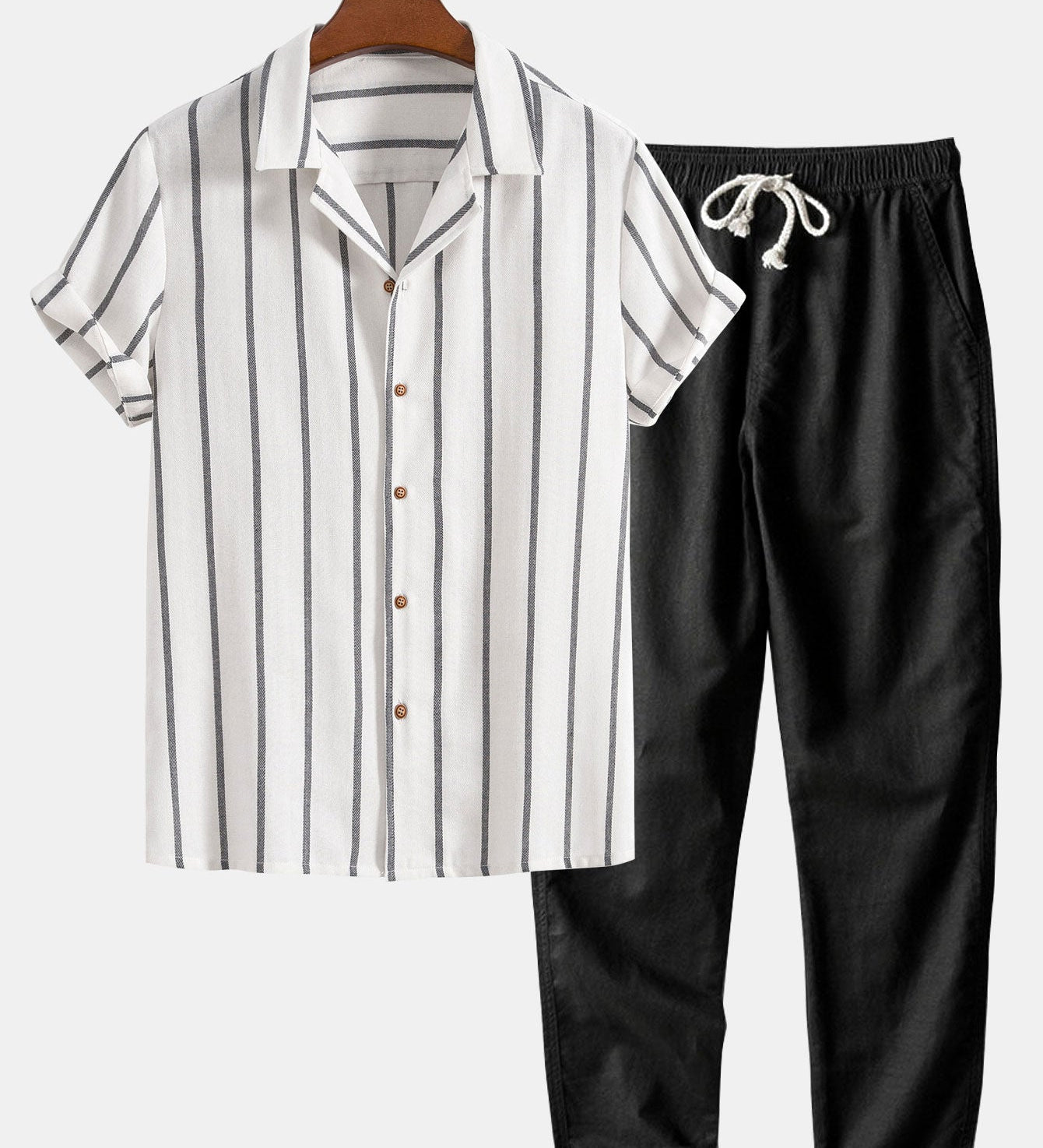 Cotton Blend Striped Cuban Shirt with Straight Leg Linen Trousers