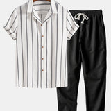 Cotton Blend Striped Cuban Shirt with Straight Leg Linen Trousers