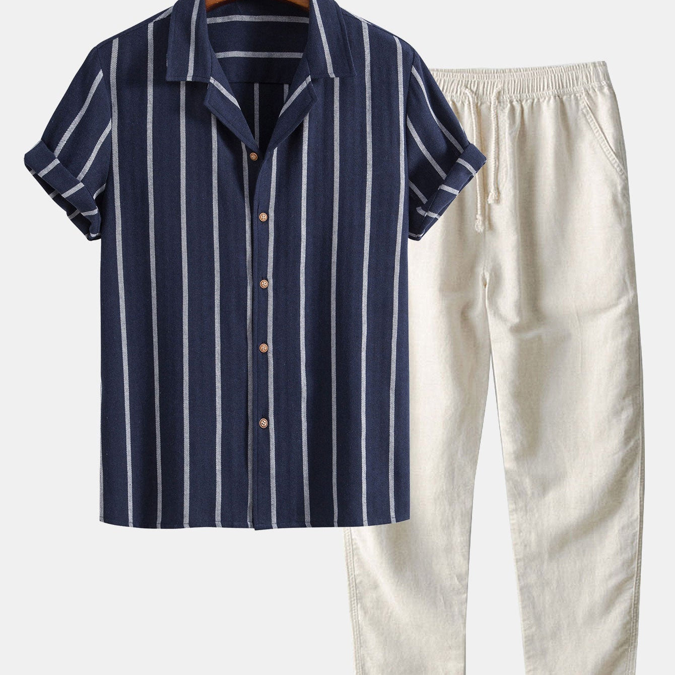Cotton Blend Striped Cuban Shirt with Straight Leg Linen Trousers